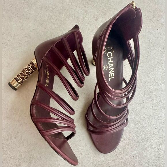 Chanel Coco Tower Cage Burgundy & Gold Sculptural Chain High Heel Sandals 38.5 - Picture 11 of 14